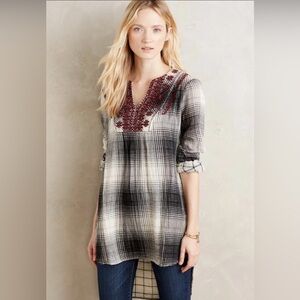Anthropologie Floreat Black White Plaid Embroidered Beaded Tunic Top Small